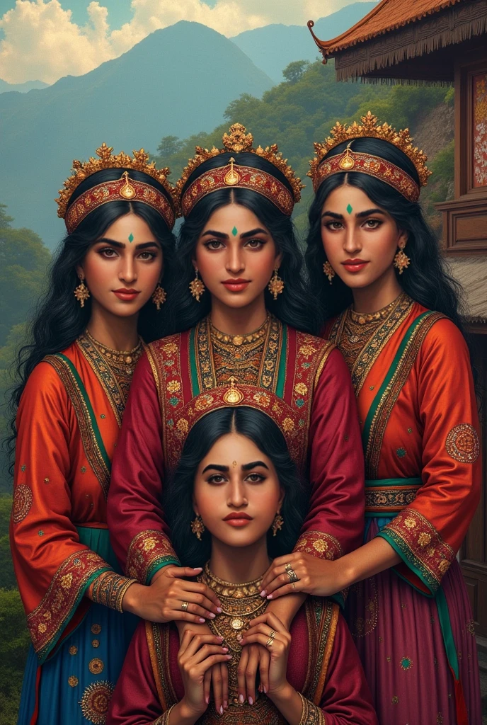 close up of an Indian warrior woman deity with black hair and a red mask, golden ornaments, silver trinkets,blood spatter,beautiful character,dark cyan tunic, yellow tunic, elegance, mystique, knowledge, dignified stance, intricate patterns, nature motifs, celestial motifs, deep contemplation, majestic cape, luxurious fabrics, swirling patterns, magical atmosphere, harmonious color palette, enchantment, wisdom. Tetradic, warm colors, best quality, masterpiece, high resolution, photorealistic, intricate, rich background painting,Andrew Atroshenko, artwork in the style of Andrew Atroshenko, black haired deity, byAlexandr Averin , epic exquisite character art, stunning character art, by Jules Bastien-Lepage,on pixiv artstation --auto