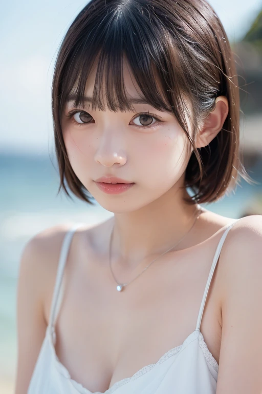 Japanese women、Clothes that do not expose skin、summer、river、Close-up of face and chest、short hair