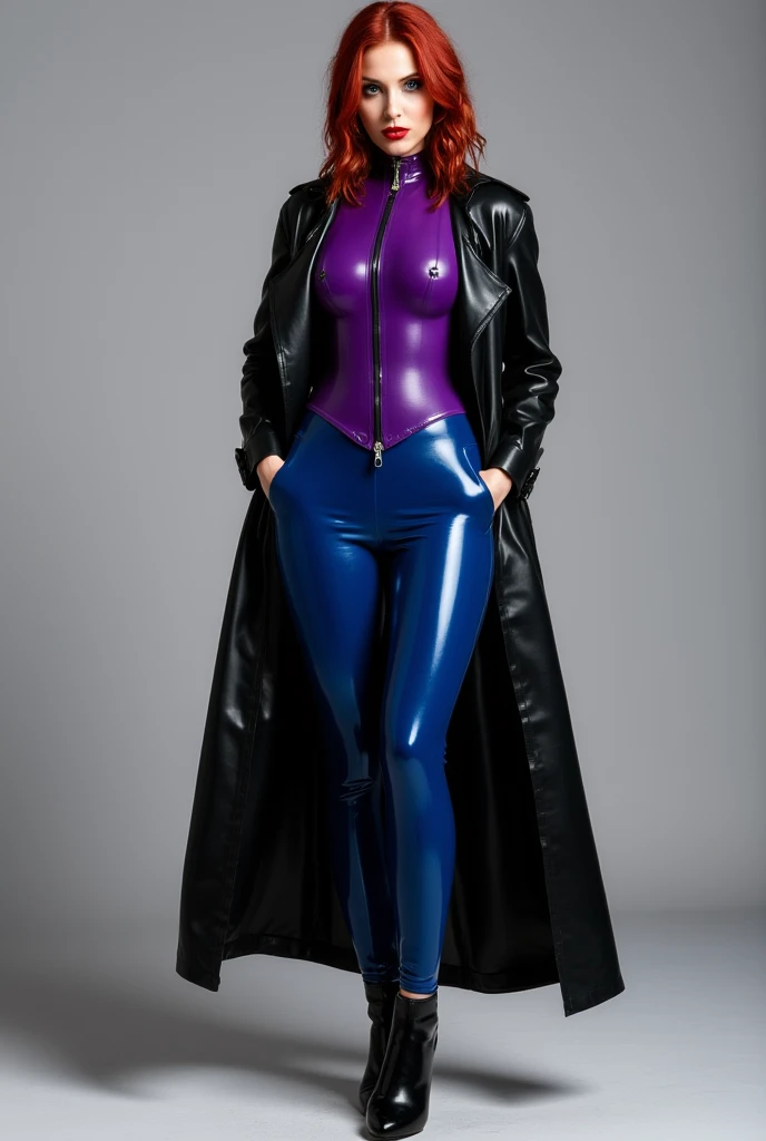 Emily Deschanel mit blauen Augen, She wears a patent leather outfit with thigh-high boots, Sie hockt, Wet sperm flows from her naked vagina and anus, Her entire body is completely visible