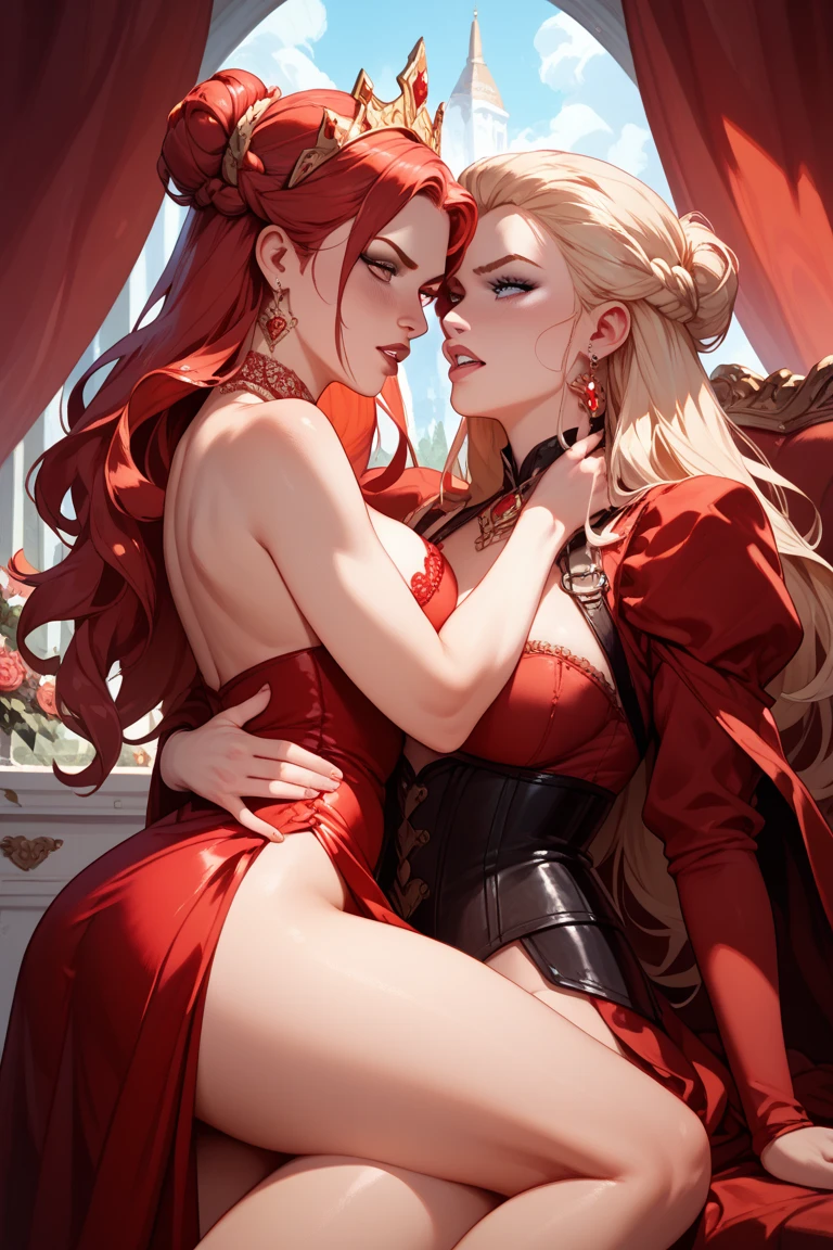 nsfw, Little Red Riding Hood and Rapunzel star together in an explicit and tantalizing scene, (2 filles), Extremely detailed, colored, the most detailed, (erotic) art officiel, unit 8k wallpaper&#39;screen, ultra detailed, beautiful and aesthetic, attractive and sensual, Little Red Riding Hood wearing a revealing red hooded cape and mini skirt, Rapunzel with long golden hair floating freely, les deux filles se regardent avec flirt, (Embrasser), (intime) contact corporel, poses sensuelles, (passionate) regards, (attractive) des sourires, detailed neckline and curves, blush and pink lips, gl, topless