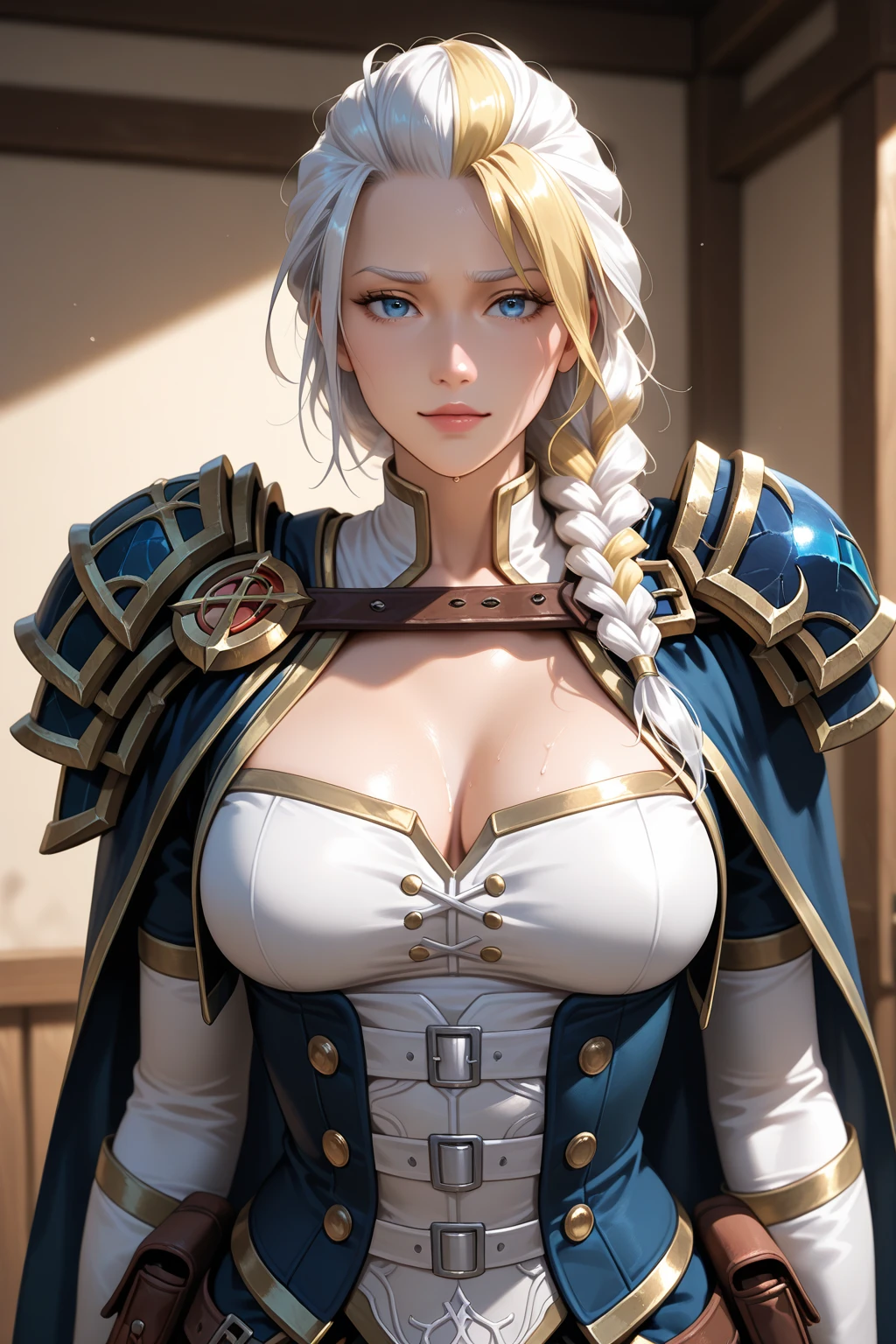 masterpiece, best quality, 1girl, solo, standing, jainapost, multicolored hair, white hair, (single braid:1.1), chest strap, cleavage, armor, corset, blue cape, gauntlets, bracer, greaves, long sleeves, parted lips, hand on hip, dark, huge breasts, bursting breasts, magic, spell, crystal, frost, ice, blizzard,,,,,