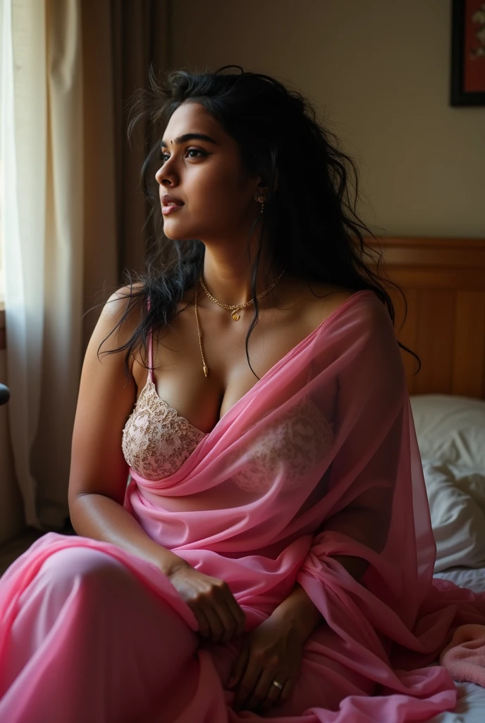 Indian girl,20 years of age,curly hair upto neck,looking at the camera, confident,smart,cute, cinematic, realistic,8k,ultra realistic Illustrate a sexy hot scene of bottomless half naked Indian 20 year old girl with curly long hairs and voluminous, peacefully asleep on a comfortable bed, she is wearing maroon red crop top and panties. Her crop top is lifted ablove her naval showing her black panty and thighs