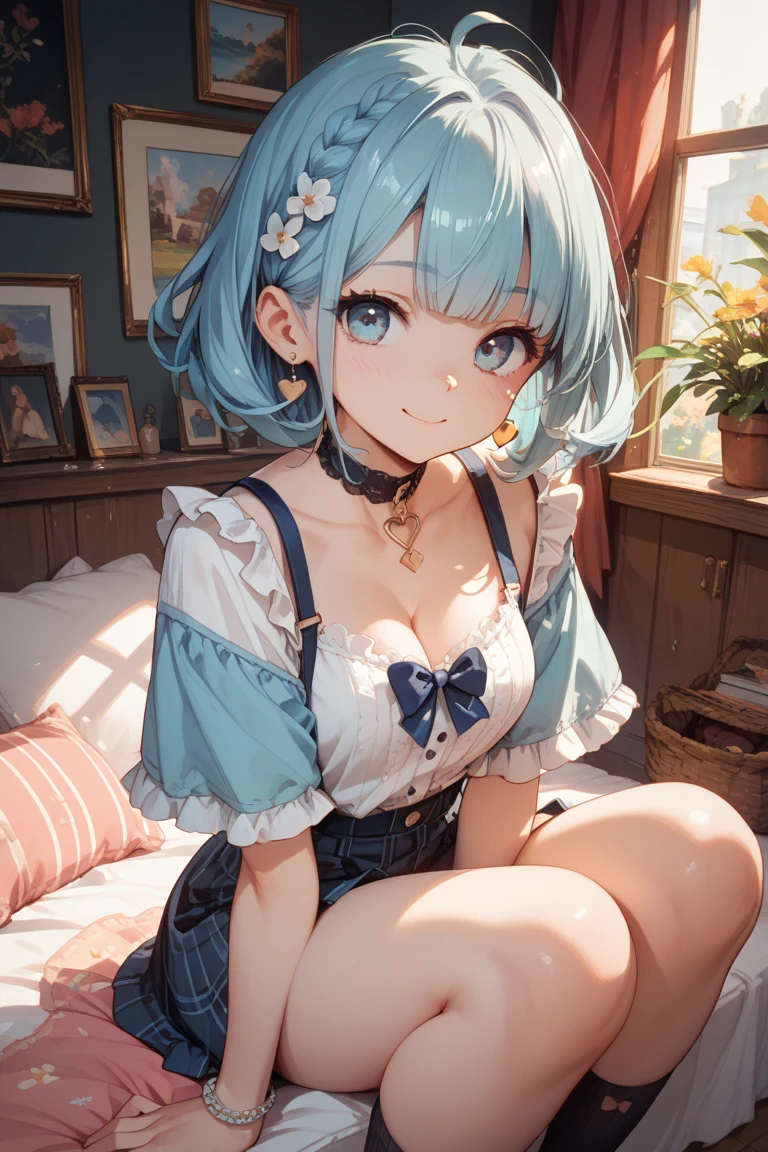 masutepiece, High resolution, 8K, anime woman, Delicate and detailed writing 、Detailed digital illustration、(((Pixie Bob)))、Shiny hair、a very beautiful woman、Eyes are double, Large,、 Bust is D cup、High image quality, High quality、Detailed background、((Light blue room background、bookcase))、The inside of the eye shines like a diamond、(((Blue hair)))、(((swept bangs)))、Gradient pupil、(((2 arms、4 fingers, 1 thumb)))、Detailed female face、a very beautiful woman、、细致背景、masterpiece、Soft Focus , Bright gradient watercolor , Lens Flare , (((Glitter))) , Glow , Dreamy 、Idol、Light blue ribbon、Very beautiful light blue rose hair accessories、White and light blue and golden nightwear、((POV))、Sleepy face、Sleeping in bed、intelligent woman、A smile