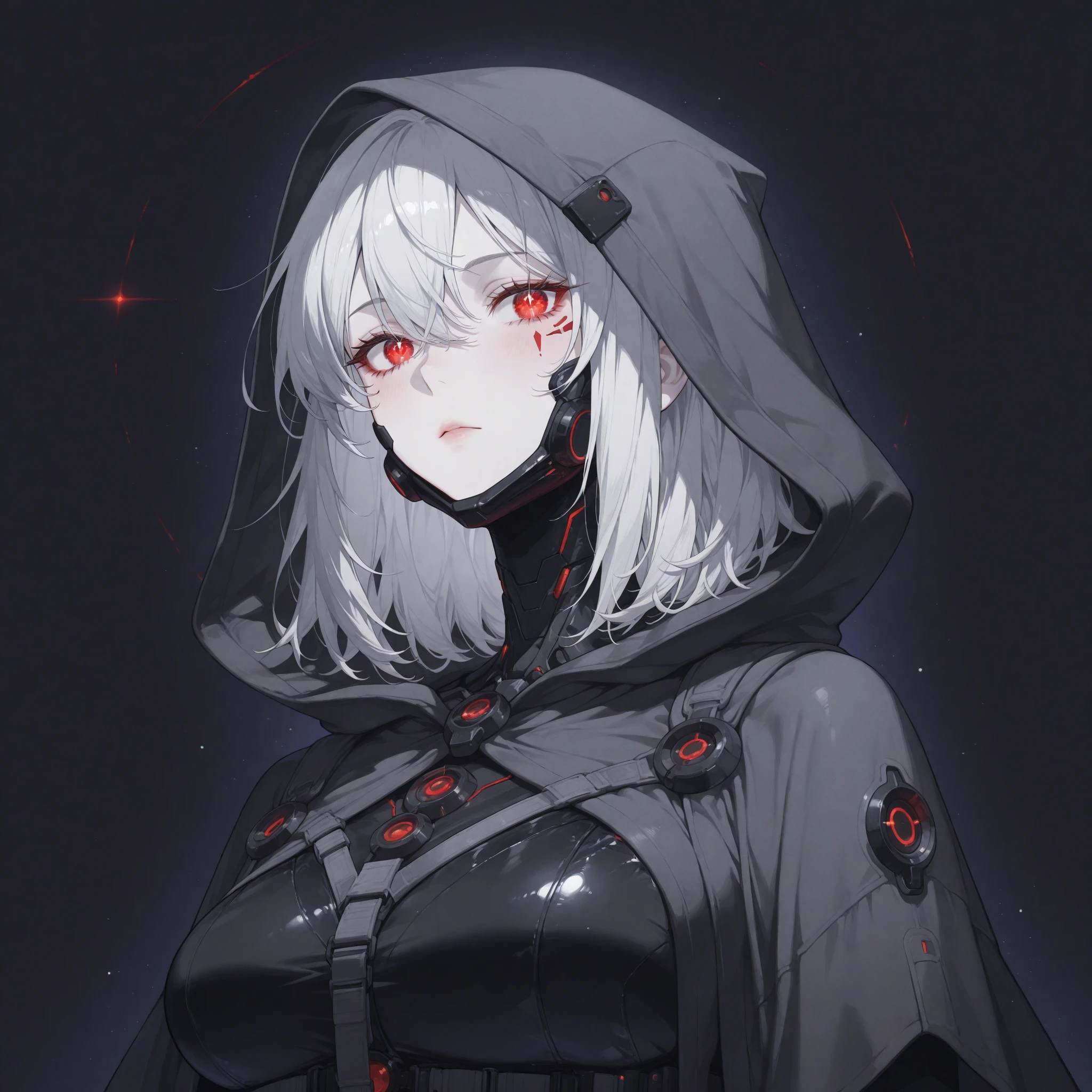 tall and thin woman, skin fair, black coat with a hood covering the hair, a lock of hair covering the left eye, Eyes red, elegant dark witch, very detailed and rich clothing