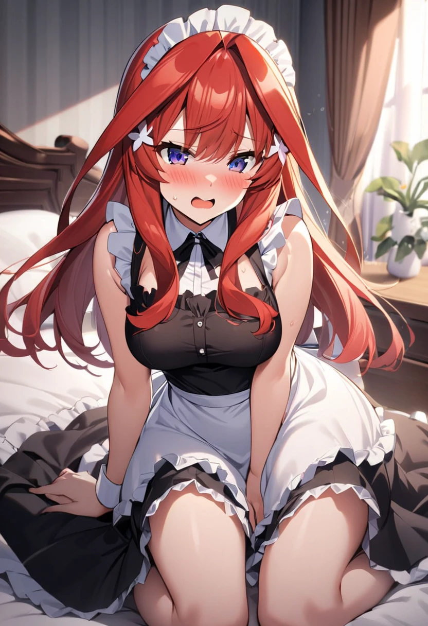 masterpiece, best quality, highres, rias gremory, 1girl, long hair, red hair, ahoge, blue eyes, large breasts, very long hair, breasts, huge ahoge, bedroom, nuisette, wearing a nuisette
