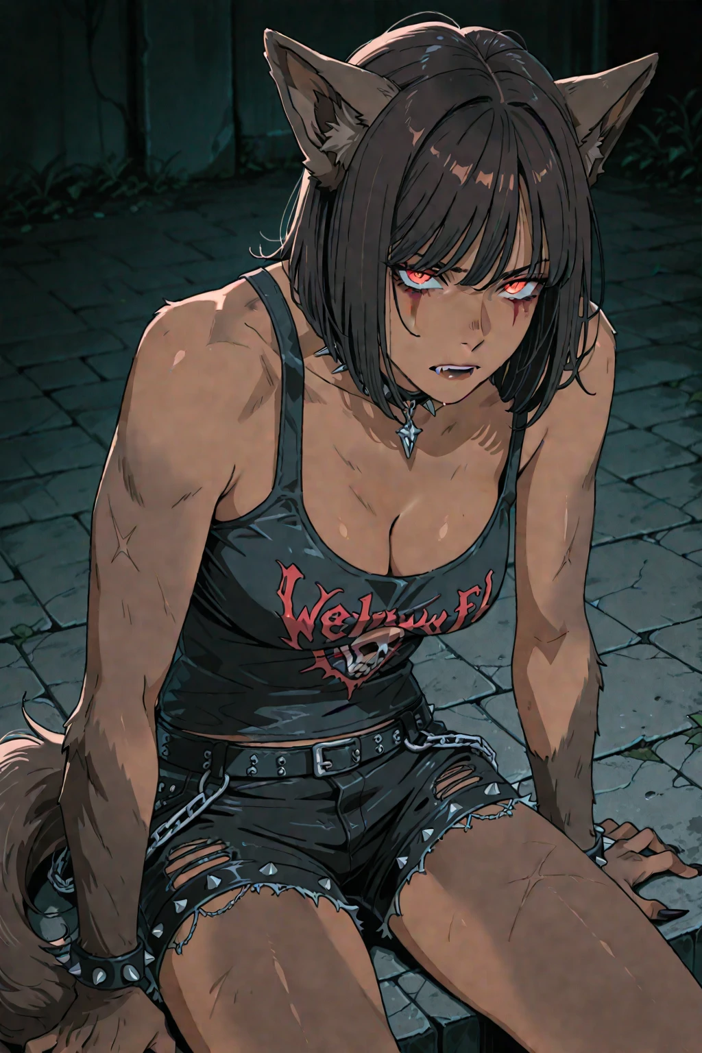 solo, sfw:1.2, female, medium shot, sitting, long hair, shaggy hair, black hair, black sclera, red eyes, wolf ears, wolf tail, underboob, large breasts, black panties, dark grey skin, paw hands, fur on arms, fur on legs, scars, smile, collar, abs, extremely tall, dive bar, short t-shirt