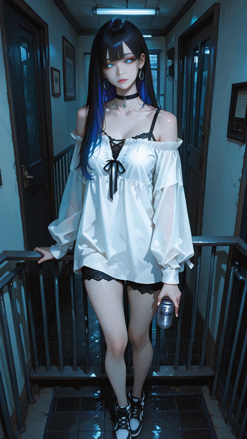 ((Top quality, 8k, Masterpiece: 1.3)), beauty, hidden face, 1 girl, beauty: 1.3, slender abs: 1.1, slender legs, small white shoes, black lace pajamas, standing posture, long white hair, (standing), ultra-detailed face, highly detailed lips, detailed eyes, double eyelids