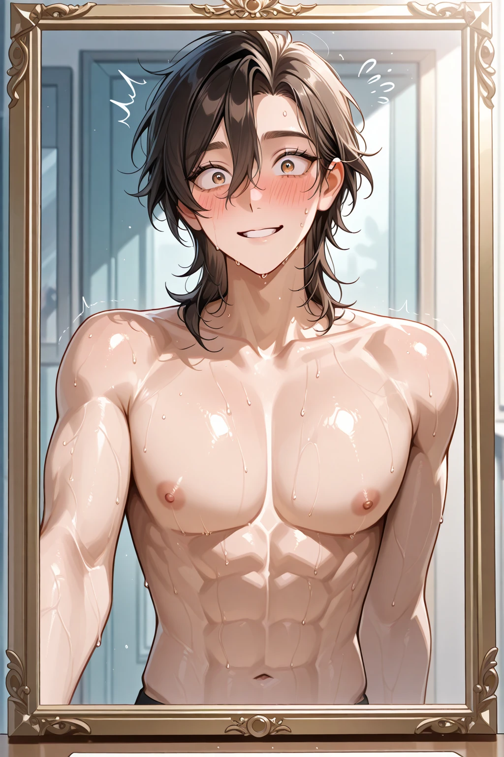 a tanned male with messy brown hair with blue eyes wearing black pants at the gym flexing and smiling, sweating, abs, muscles, sharp teeth