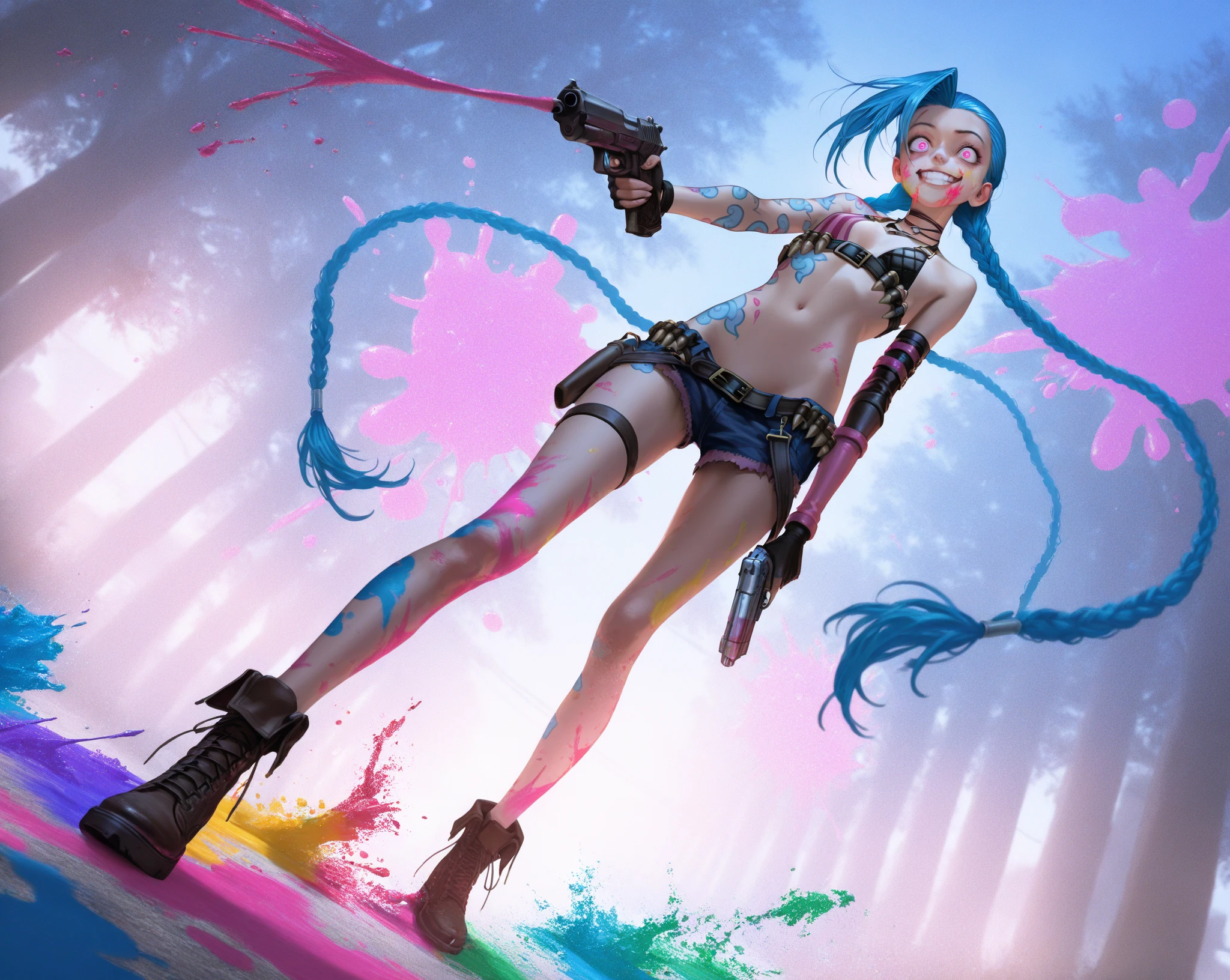 Green, blue, red, white, baseball cap, baseball bat, female, figure noodles, long black hair, full body, thick paint, --auto --s2