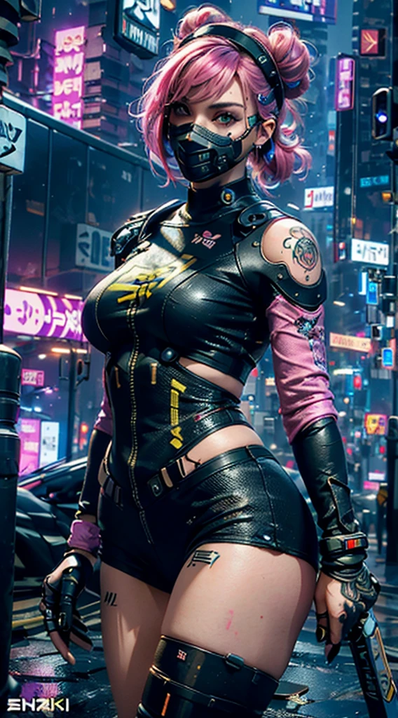 "tema escuro :: closeup foco facial, ultra realista futurista cyberpunk ::  :: iluminação natural :: Bokeh :: 8K :: melhor qualidade :: obra de arte :: fundo de paisagem urbana futurista, Fake body and , Mature woman in metal rising revengeance body details, foto de busto, big pink hair, shining blue eyes, wearing a mustard yellow jumpsuit, breasts big, looking 35 years old, eye on the spectator, Look to the camera, , the background is a cyberpunk city, revegeance expression, foco no rosto, de frente, foco no busto, riaden armor of metal gear rising, busty woman, eyeshield
" 