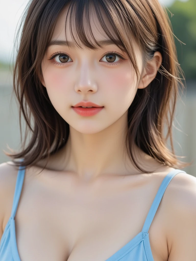 ????, table top, highest quality, shape, Super detailed, finely, High resolution, 8k wallpaper, 完璧なダイナミックな構shape, beautiful and detailed eyes, ((Tank top))medium hair,natural color lip,necklace,  (((Lie on your side))), (body facing forward,face to face:1.3), 20 year old girl, cowboy shot,
