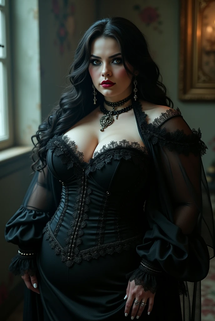 Sexy goth vampire, mature, curvaceous, voluptuous, alluring, enchanting