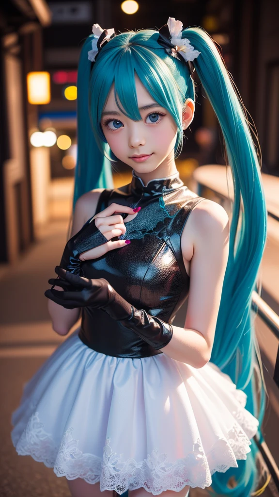(UHigh resolution, retina, masterpiece, Accurate, Anatomically correct, Textured skin, Super Detail, Attention to detail, high quality, 最high quality, High resolution, 1080P, High resolution, 4K, 8k, 16K), (美しいAttention to detail目, Beautiful lip detail, Highly detailed eyes and face), Soft lighting, Physically Based Rendering, Vibrant colors, (((Hatsune Miku))),Cosplay (Generate an image of a cosplayer dressed as Hatsune Miku, with her iconic turquoise twin tails and futuristic outfit.), (Glowing Skin), (Wide angle), Eye Reflexes, (Staring at the audience),(Thighs,whole body,艶やかなThighs)Active