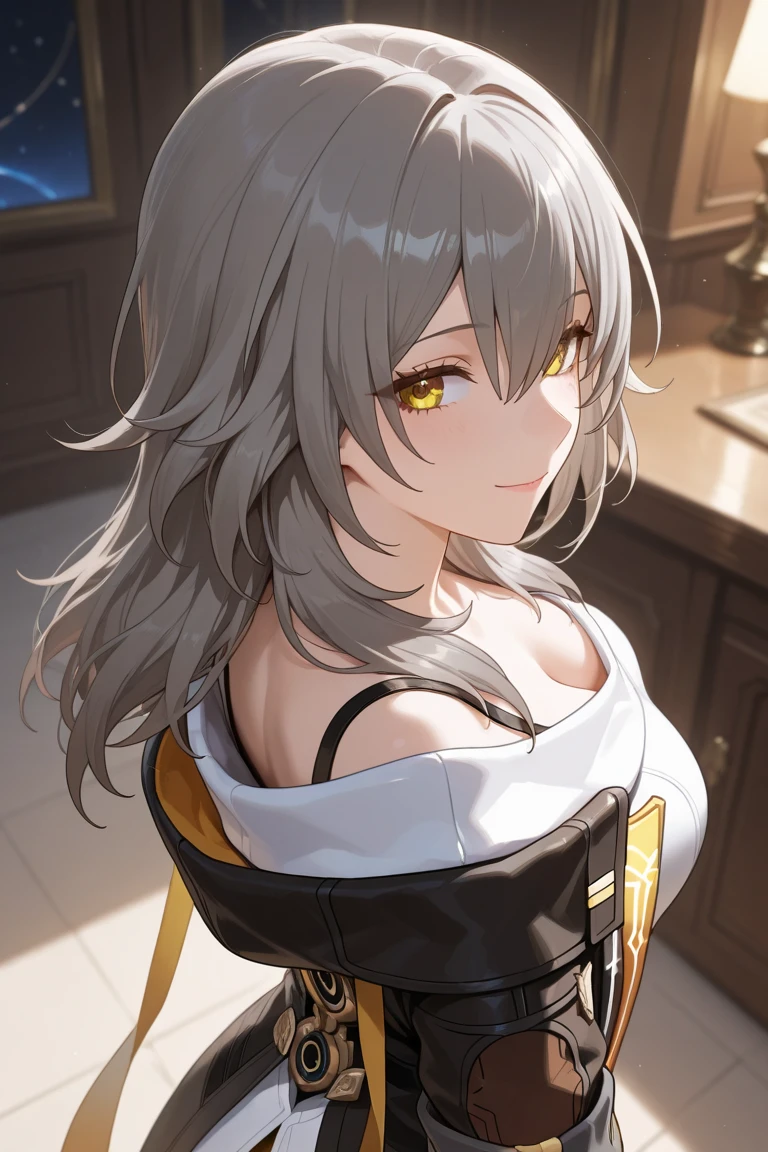 <lora:stelle_hsr:1>stelle hsr, 1girl,solo, upper body, yellow eyes, gray hair, looking at viewer, blush ,smile, white shirt, black jacket, collarbone, large breasts, white background