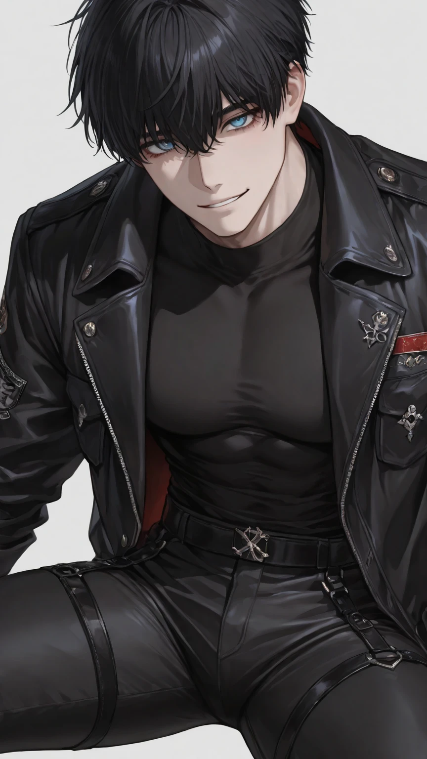 Young guy, short black hair, red eyes, cat ears, leather vest, open torso, pants, scars, smile, masterpiece, high quality