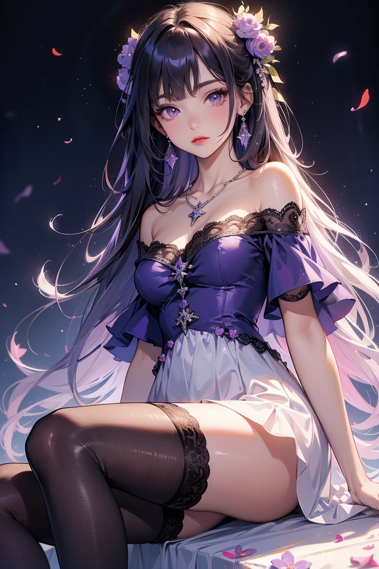 beautiful young anime girl, 16 years old, oval face, slender and toned hourglass body shape, sharp and noble facial features, arrogant and disdainful expression, classy opulent bedroom, sleeveless gothic white ruffled blouse, gothic pleated A-line mini-skirt flaring out behind her, tanned white skin, plump cherry pink lips, thin eyebrows, big round violet-colored eyes, sleek short sleek dark-violet hair with American Pixie cut and small bangs covering her forehead, narrow waist, small wide curvy hips protruding to large perky round ass, sandals, modest C-cup breast size, tall 175cm, full body image, standing straight, looking at camera, hip level shot, huge European castle background, best quality