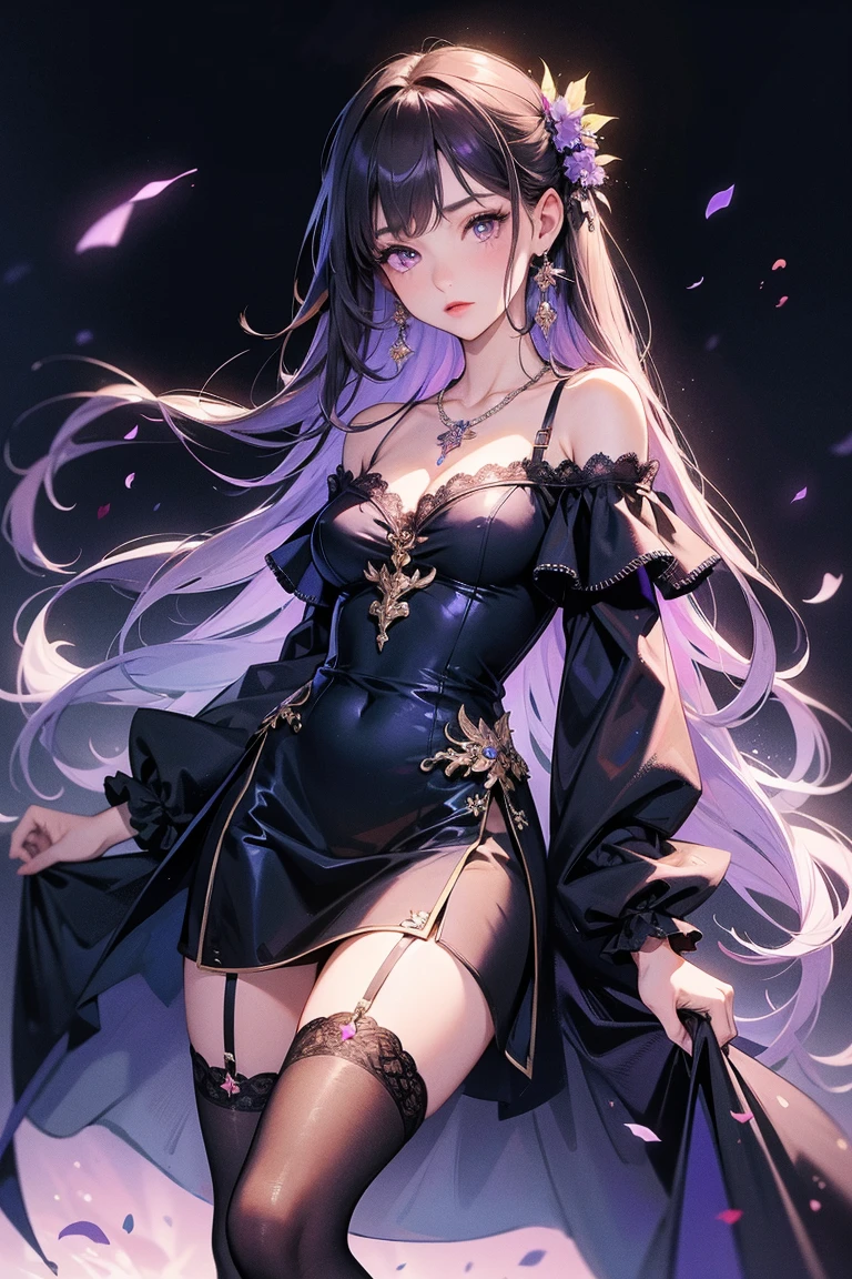off shoulder dresasterpiece, best quality, high resolution, 1 girl, Super high resolution, alone, stockings, purple eyes, , long hair, Bangs,necklace