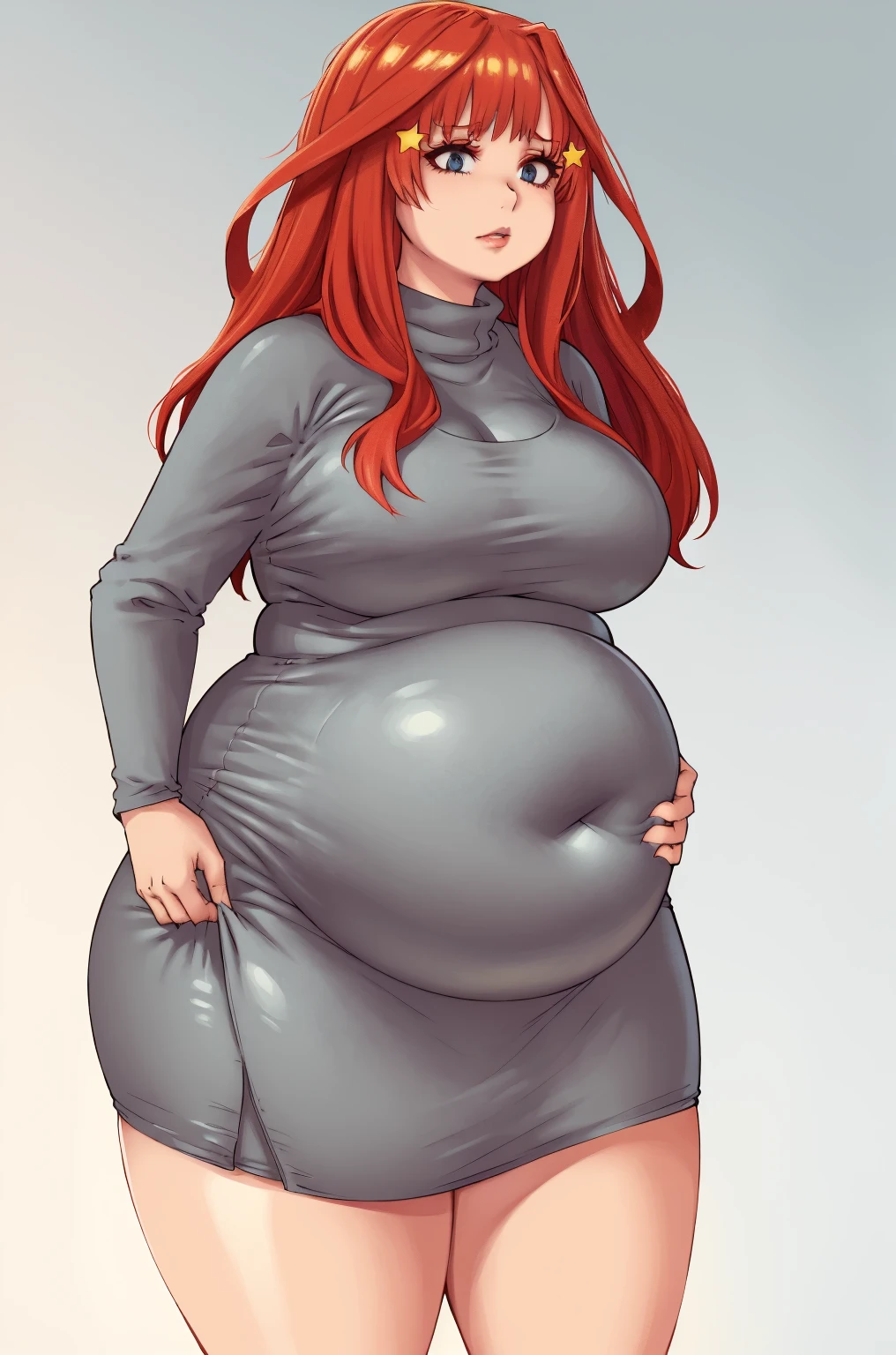 (masterpiece, best quality, highres, absurdres), 1girl, Nakano Itsuki, big breasts, big belly, chubby belly, soft belly, thicc thighs, art by kipteitei, red hair, long hair, star hair ornament, grey dress, tight dress, turtleneck dress, standing, simple background, gradient background, chubby