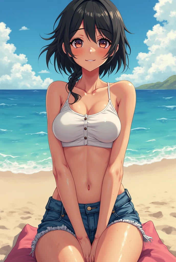 (WALLPAPER, (hinata\(boruto\), masterpiece, 4k, vector coloring, whole body shot, contrast lighting, mature female, (curvy:0.8), solo, anime style, sharp focus, professional artwork, intricate details, detailed beach background, colorful, vibrant colors, vivid colors, digital blending, ultra detailed body, ultra detail hair, ultra detail face, trending on pixiv, very hot colors, sunny day, outdoor, detailed bold arm lines, high color saturation, bold lines, bold drawing lines),
(standing, open mouth, kind smile, extremely happy, goodbye, sexy pose),
((dark blue hair color:1.1), wavy hair, ((short hair, hime cut)),
(perfect eyes, white sciera, bright eyes, white eyes, anime eyes, smoky eyeliner, eyeshadow)
(white skin, slender body, milf, navel, groin, flat belly, perfect face, perfect thighs),
(Thighs, legs, big breasts, perky boobs, off-shoulders, (groin, detailed shoulders),
(almost naked, only white clothes, bare chest, bare shoulders, bare hands, bare legs),
( topless, white pants, no top)