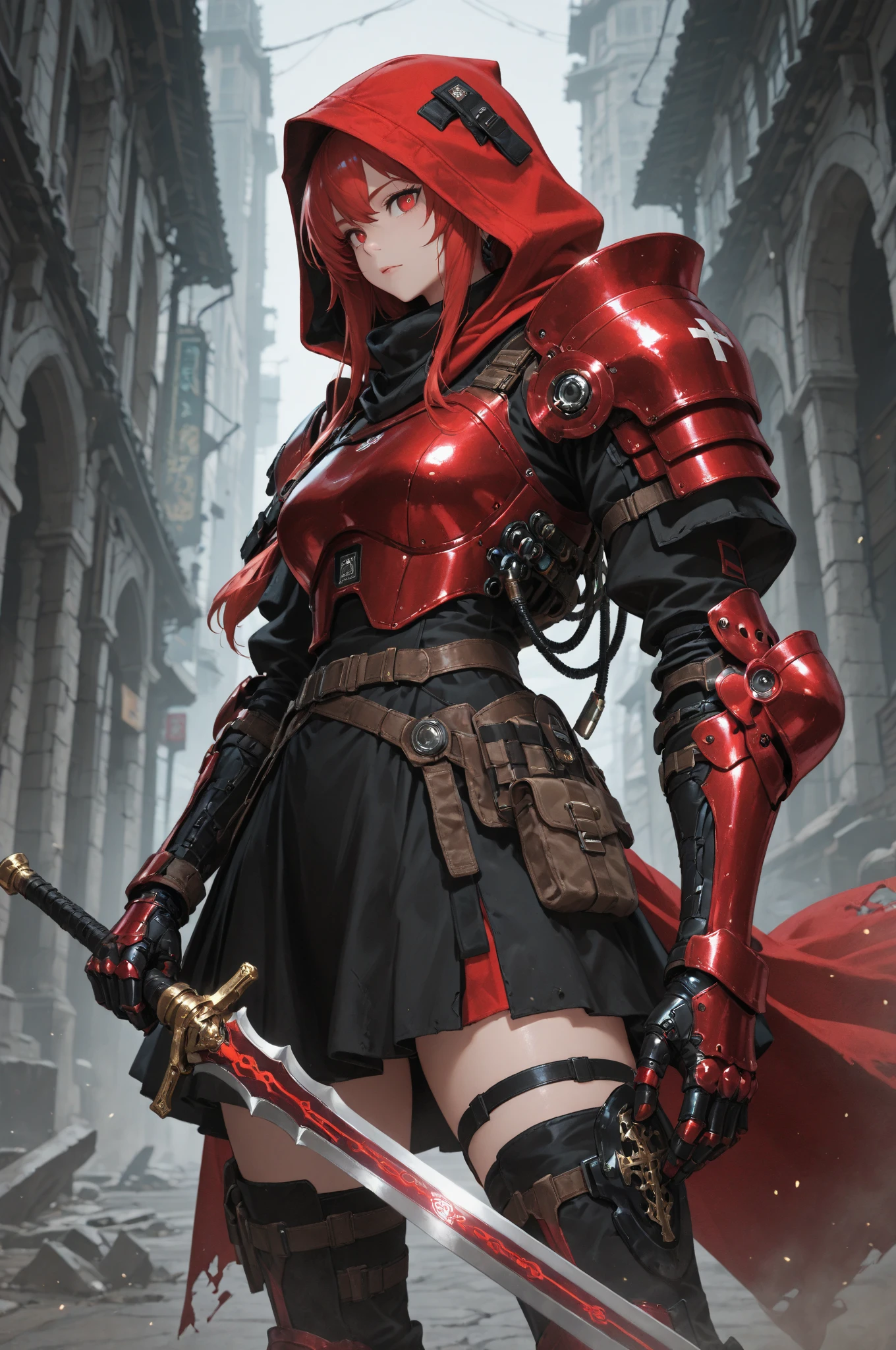 red-haired beauty knight，Short ponytail，Chest，cleavage，black tights，Red sci-fi armor，Long skirt，iron boots，whole body，Standing，Great sword，Doomsday City(masterpiece, best quality, high quality, High resolution, Extremely detailed),