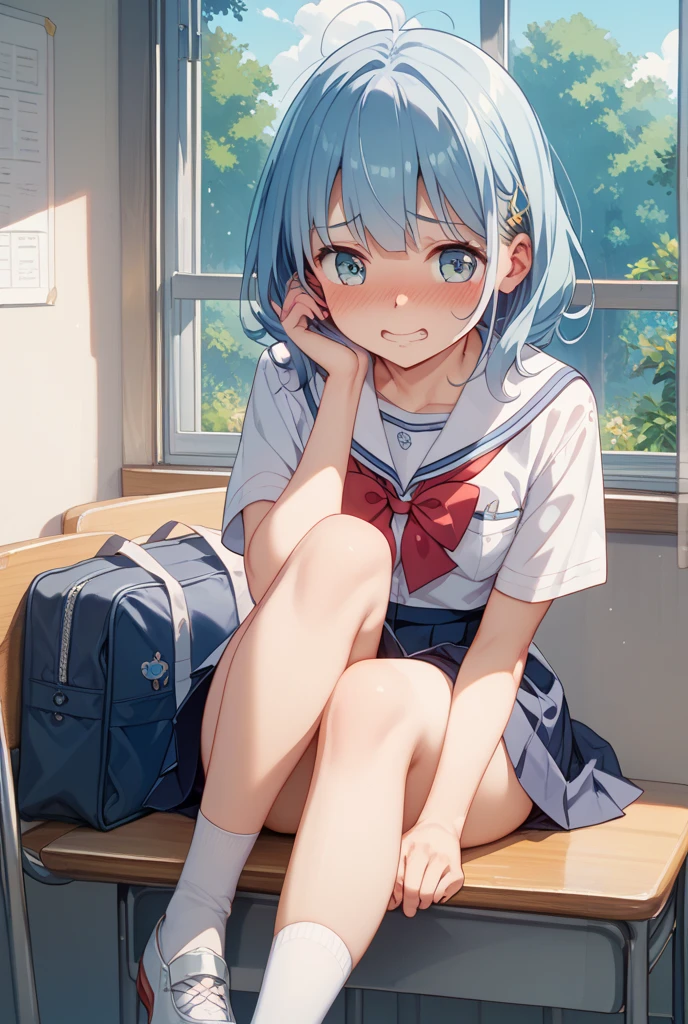 (8k, 最High quality)、超High resolution、adorable、最High quality, beautiful, Absurd beauty、Bright blue hair、Blue eyes、 girl、Small breasts、Braided half bob hair、uniform、Me in a knitted cardigan、 girl、Looks about 15 years old、Petan Musume、(missionary, 1boy, penis, lying, vaginal, ass pov, sex, nsfw)、In the classroom、quality, High resolution, Very detailed, Detailed Background, Perfect lighting、masterpiece、Best image quality、最High quality、、 (cryin) ,Cute Characters, Most detailed, High quality、nose blush、steam、be scared、Very detailed, clear and beautiful face、Slender body、Awards, Anatomically correct、((Scared))