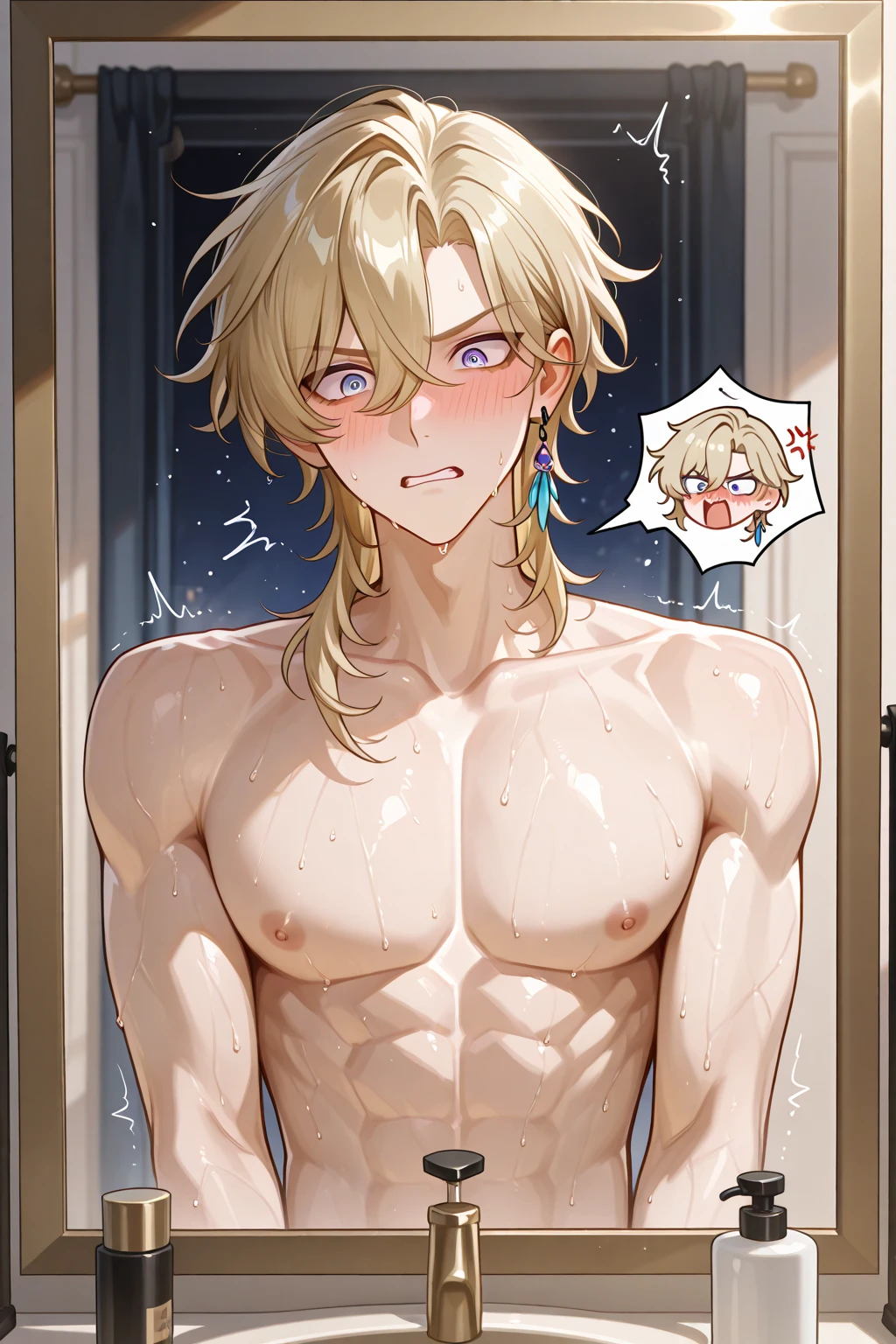 nsfw,(Petite),((Cute man's daughter)),blonde low twintails,(naked),((Penis in the crotch)),Embarrassed expression,Sweat,White Breath,Solo handjob