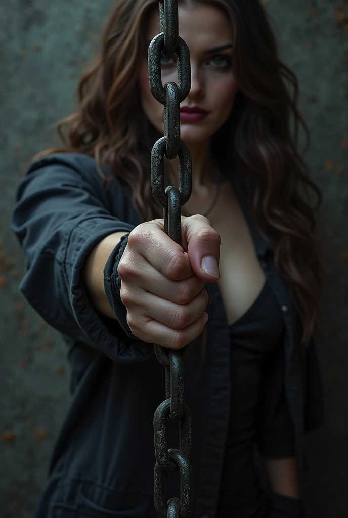 handcuff her hands and tie a chained neck collar aroun her neck , bdsm , domination , playful , master
