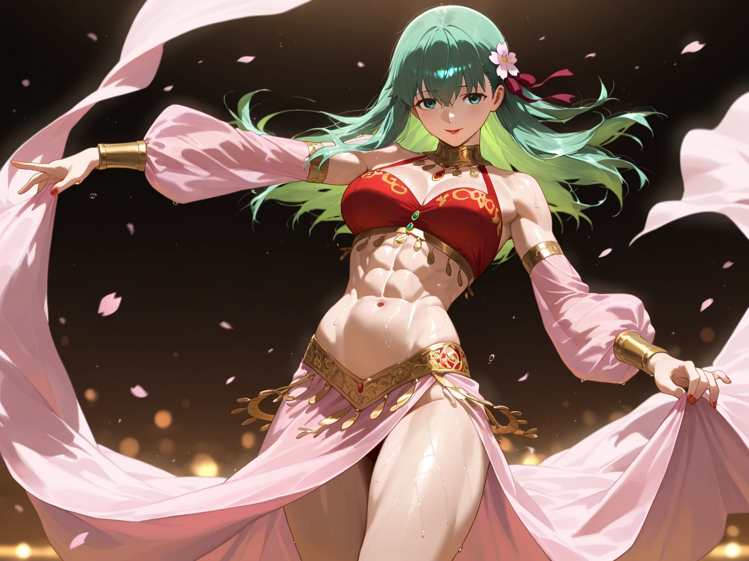 masterpiece, best quality, absurdres, <lora:lene-fe-richy-v4-000011:1>, lene, 1girl, solo, standing, gold trim, necklace, bracelet, navel, midriff,