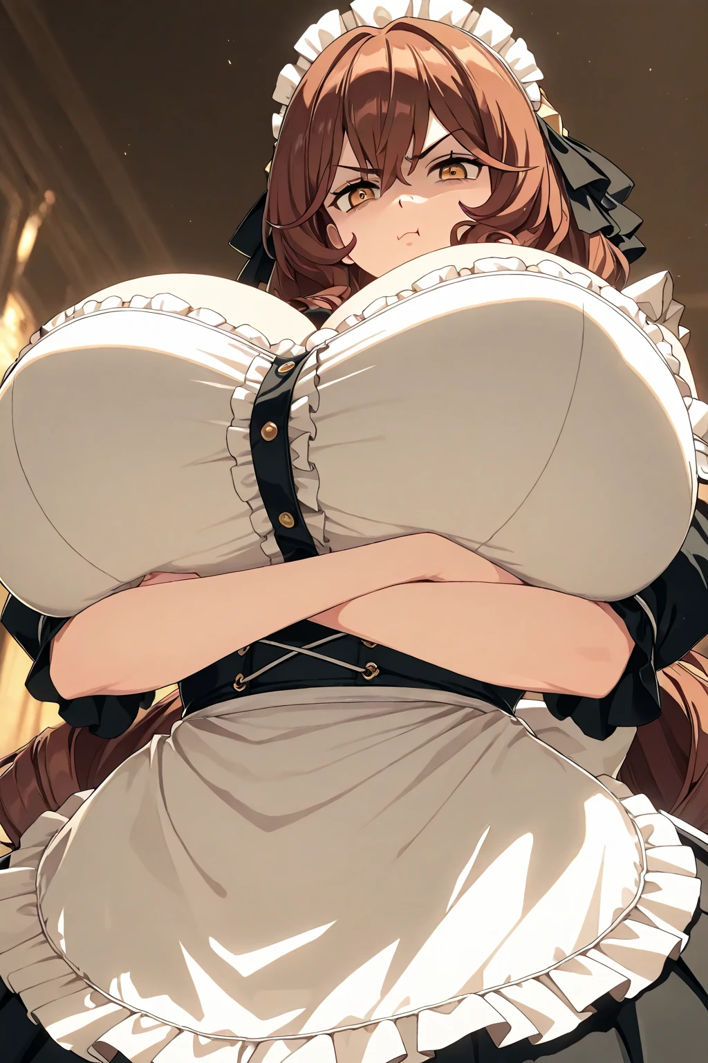a 25 year old Italian girl with super gigantic breasts wears a torn blouse that can't contain her breasts and a miniskirt, she has a slave collar she is happy, she has very long brown hair, scoastic scenario