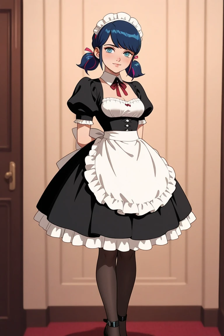  intricate details, 1girl, mature female, solo, standing, (:1.1), , hands on hips, full body,
looking at viewer, determined,
Pick hair, short hair, green eyes, glasses, earrings, jewelry, 
maid, maid headdress, bowtie, maid apron, black shirt, puffy short sleeves, , white thighhighs, garter straps, high heels,
(curvy:1.1), large breasts,
indoors, luxury room, window, mansion,
