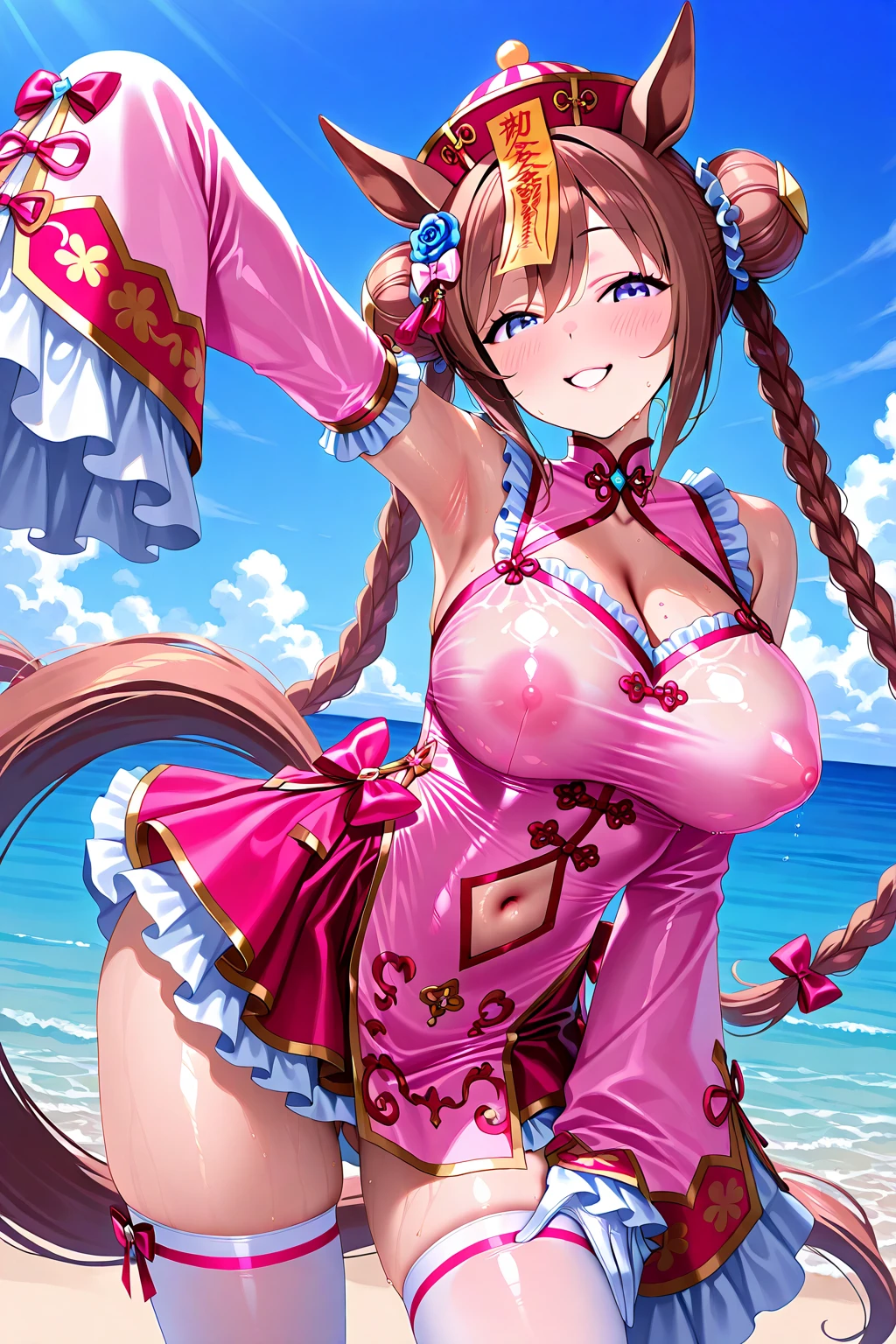 masterpiece, Highest quality, High resolution, Artsborn, Long Hair, One side up, Hair Ribbon, Pink Ribbon, Brown eyes, china dress