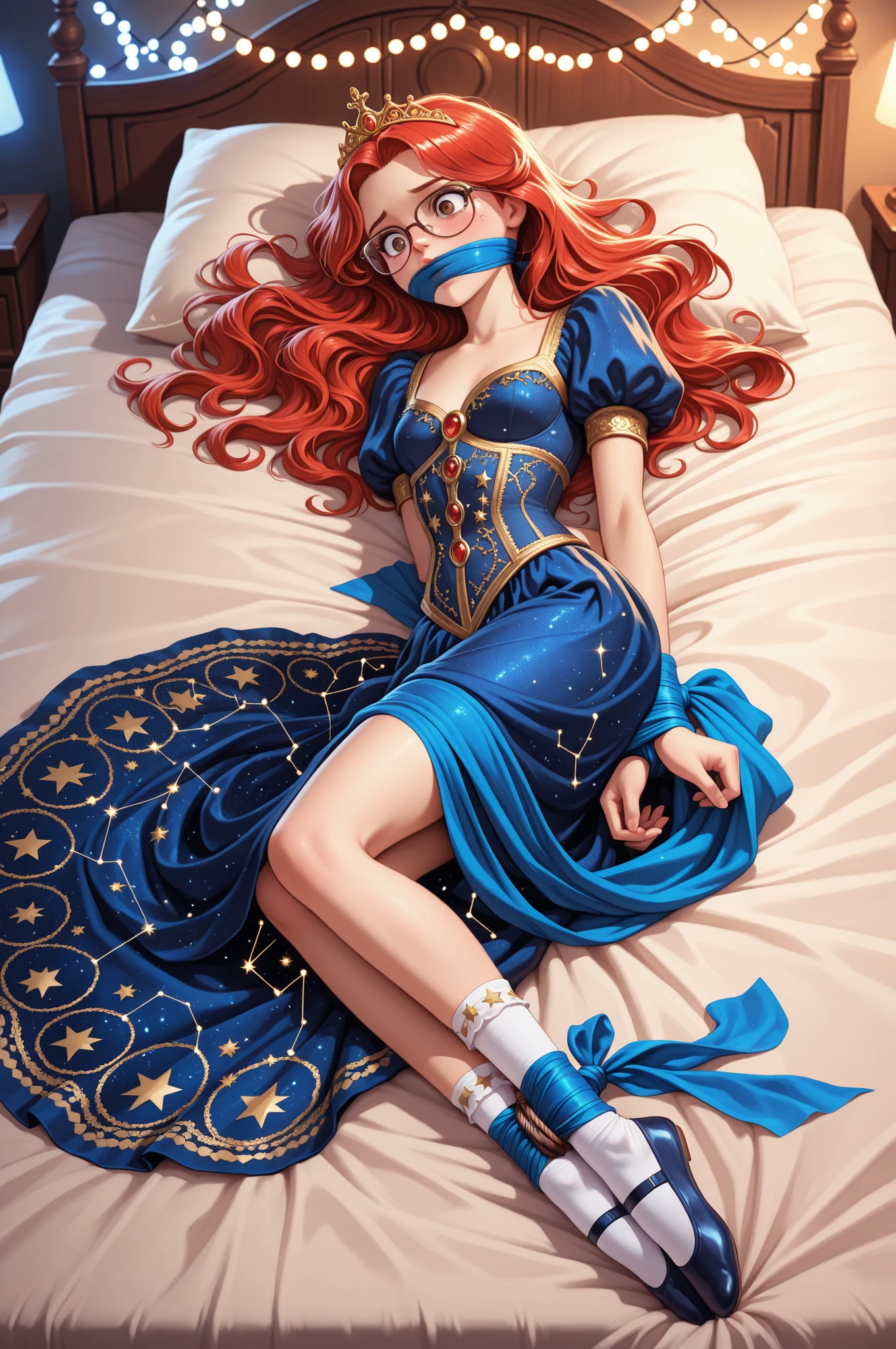 8k, highly detailed, solo, mature woman, <lora:masquerade_attire-1.0:1> masquerade mask, dark blue dress, flirting, on back, from above, bed sheet, rose petals, dakimakura \(medium\),