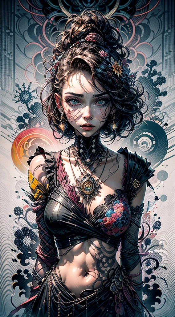 official art, unity 8k wallpaper, ultra detailed, beautiful and aesthetic, masterpiece, best quality, (zentangle, mandala, tangle, entangle), (fractal art:1.3) , 1girl, red flowers,  extremely detailed, dynamic angle, cowboyshot, the most beautiful form of chaos, elegant, a brutalist designed, vivid colours, romanticism, by james jean, roby dwi antono, ross tran, francis bacon, michal mraz, adrian ghenie, petra cortright, gerhard richter, takato yamamoto, ashley wood, atmospheric