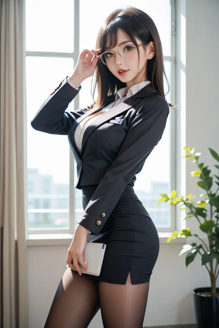 (Best quality: 1.1), (Realistic: 1.1), (Photography: 1.1), (highly details: 1.1), (1womanl), office room,Professional suits,black short skirt,black lence stockings,bent down,mix4,