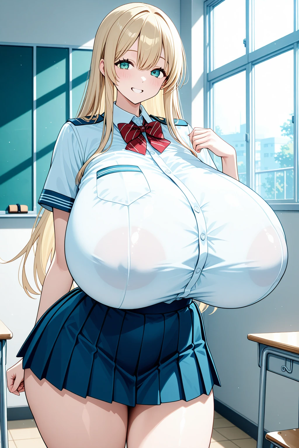 8k, RAW photo, best quality, masterpiece:1.2, 1girl,solo, blonde hair, blue eyes, blush, smile, :D, huge breasts, open clothes, breasts out, nsfw, long hair, looking at viewer, white pantyhose, green and white dress, white gloves,