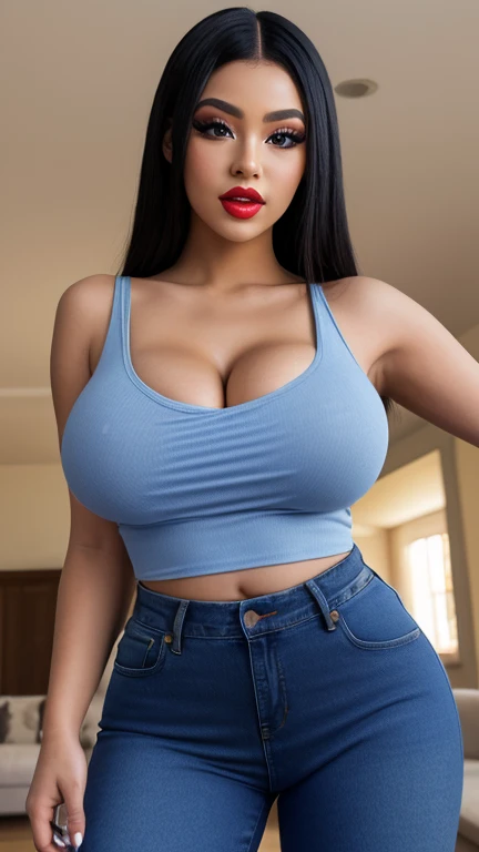 (best quality, ultra-detailed, photorealistic: 1.39), bright and vibrant colors, studio lighting, romantic expression, masterpiece, best quality1girl, solo, black hair, very long hair, blue eyes, hair scrunchie, looking at viewer, lips, shy smile, cowboy shot, pantyhose, jeans short, turtleneck, shirt, cleavage,  adult woman face, medium and round breasts, luxury resort, cute pose, walking at the resort