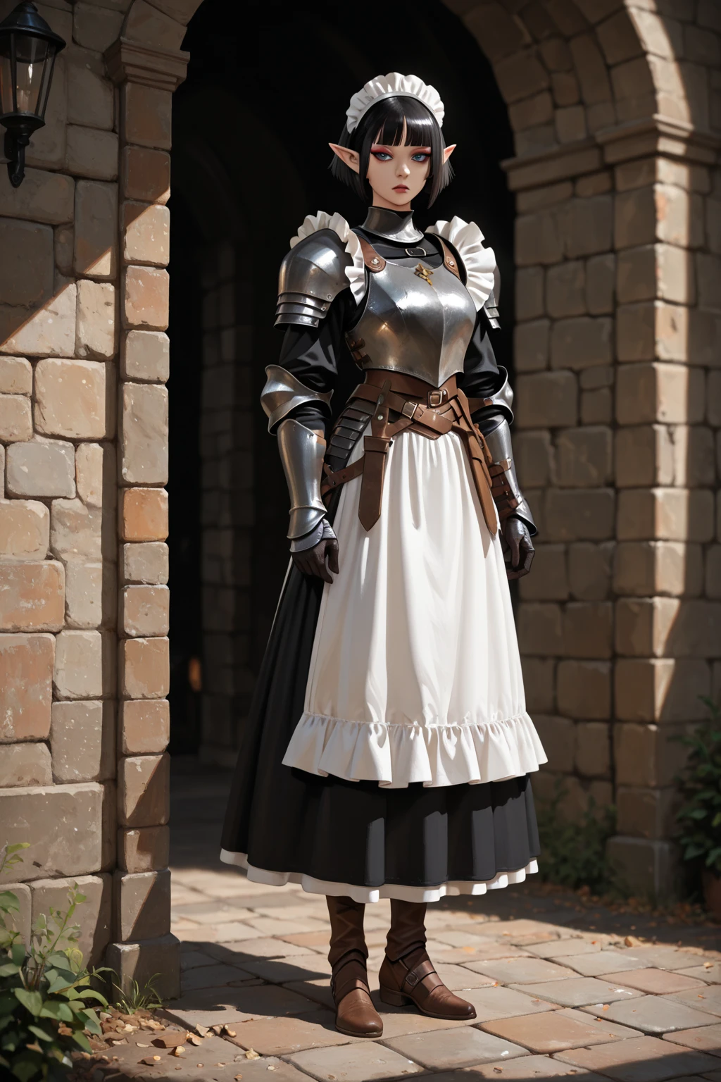 female, standing, right, long_hair, disordered_hair, white_hair, maid in armor, metallic high heels