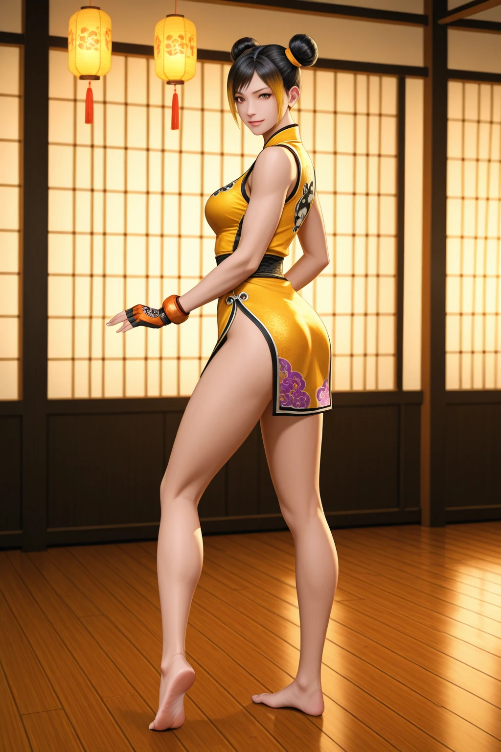 masterpiece, Best quality, High Definition, 1Girl, Kasumi, Gold Micro Bikini, Photorealism, Squatting, Open legs, Arms up, Folded behind the head, Show off armpits, Pin heels