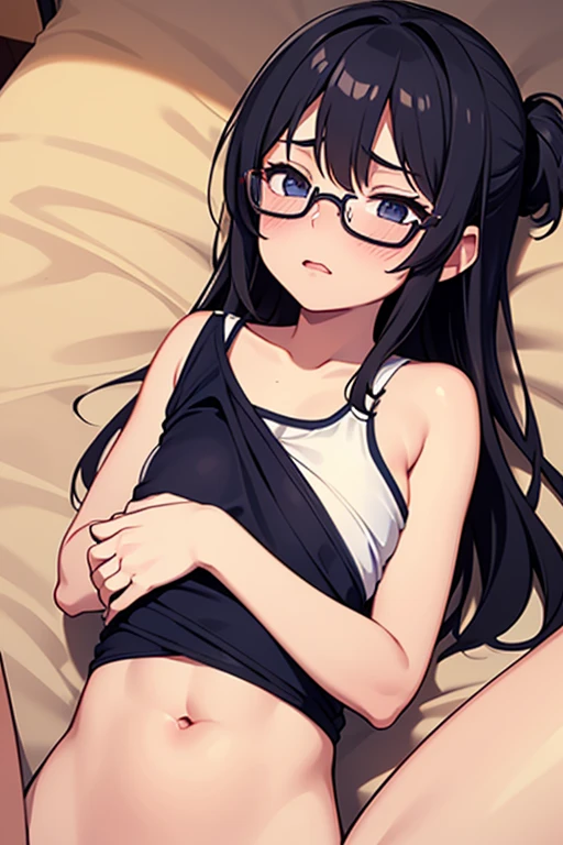 nsfw glasses、 virginal blood , lost virgin,spread legs、 arms behind back, 、pubic hair、sobbing, tears、nude、flat chest、clenched teeth、small nipples、girl、、socks、、black hair、long hair、menstrualblood, perioBlood、white hairband [vagina:skin:0.5],[Urethral opening:skin:0.5], on white bed,blood stained legs