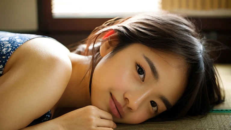 highest quality、masterpiece、High resolution、11 years old、bra、panties、super beautiful face、Super beautiful eyes、Super beautiful hair 1girl in,lightly dressed、gaze looking beyond,red blush,Strong sunshine,delicate and messy hair,realistic skin textures, Pronounced pores and skin wrinkles,tropical rainforest,((strong light shines on the face)), The upper part of the body, naked portrait, nude photography, detailed armpit, pussy pubic hair, shiny nipple