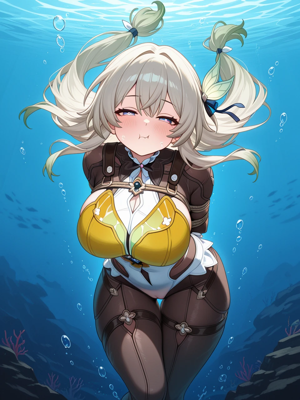 high Quality,ultra high Quality, one garl, One Girl, underwater, In the water, porn comic style, Trick or Treatment (Nightingale) | Cosplay Outfit, Reverse Bunny Suit, reverse bunny suit, fine details, come undone, covered with tentacles, tentacles, some tentacles are touching her, fine details, colorillust, Takeda Hiromitsu style, eyes, rolling eyes, fine details, ichinose asuna Blue Archive, fine details, kemonomimi, pig ears, Pig ear, swelling of stomach uneven, mouth cumflation, tentacles in your mouth, tentacles prolapse mouth, Breast bulge uneven, A bulging chest, A bulging belly, very long nipple, Long nipples, nipple to milk excretion, dark nipple, Black nipples, nipple fuck, blowjob face, Hyottoko face, Blowjob face, Tongue out, Sticking out tongue, A sloppy face with tongue out, high quality vaginal, vaginal expansion,《cervix prolapse》, cervix prolapse, uterine prolapse, pink color cervix, Pink cervix, personality excretion, Personality Excretion, Spread your legs, Spreading her legs, Bow-legged, flattered face with peace signs, Ahegao Double Peace, beat up with stomach and breast, doggy style position, doggy style pose, (dorsal position), body modification, Physical transformation, all the way through, Tentacle penetration , Tentacles coming out of the mouth, anal slime excretion,Leaking poop, Large amount of liquid(brown)Leaking poop, Ugly, Poop coming out of his mouth, Uglyな顔