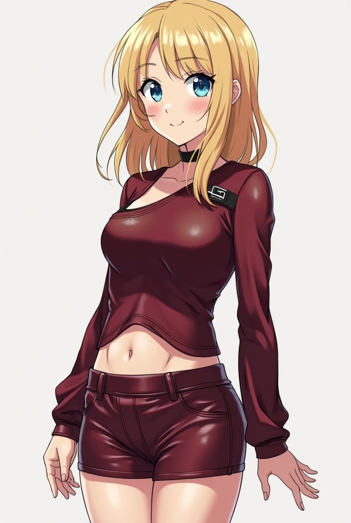 anime style drawing of a girl in a red jacket and latex suit, anime girl, blond hair, green eyes, ponytail hair, made with anime painter studio, By Shingei, Animated woman, in a red sweatshirt, anime girl alta con green eyes, in an anime style, guweiz, anime full body illustration, female anime style, subtle anime style, pose casual, Soft anime illustration, flat anime style shading, White background : 3, By Shingei. by Naka Bokunen, By Kamisaka Sekka, by Ei-Q