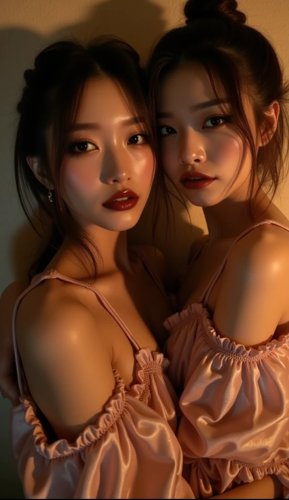 2girls、Face Up、sprawl、Forceful kiss face to face、embracing each other、Opening Mouth、The tips of their tongues touch each other、Yogurt in the mouth overflows and drips from the mouth、Top image quality、Raw photography、超A high resolution、16-year-old woman、big round chest、Beautiful Eyes of Details、very elongated eyes、Beautiful eyelashes、Beautiful double eyelids、Bright blonde shorthair、very slender physique、Glossy dark red lipstick、eyeshadows、eye line、Sad face、red blush、profuse sweat all over the body、Share a kiss、