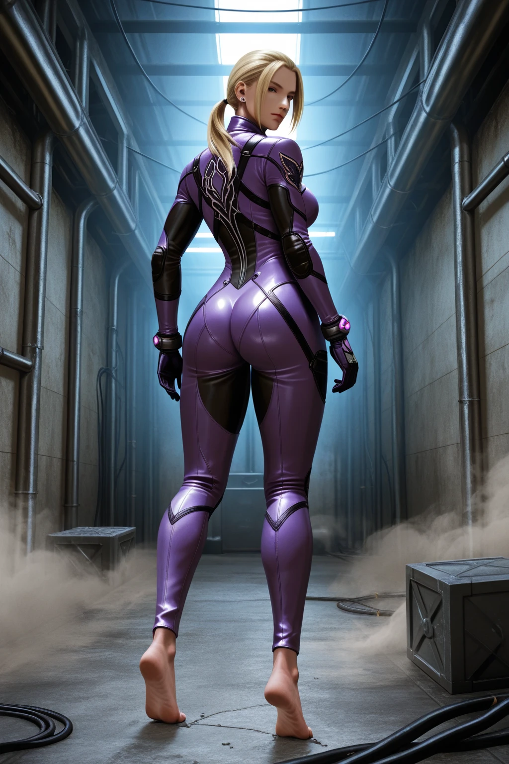  Generate an illustration of a mature Nina Williams, 1girl, looking slightly to the side, laying on knees, view , perfect , ((Tekken)), blonde hair , (aletta ocean face), de terno preto, (:1.3), ponytail hair, (:1.4), in anime format with a serious style, (purple camo ), ((purple )), boots, gothic make up, masterpiece, ((dark lighting)), black background, (puffy lips),((slendered abs)), beautiful face,