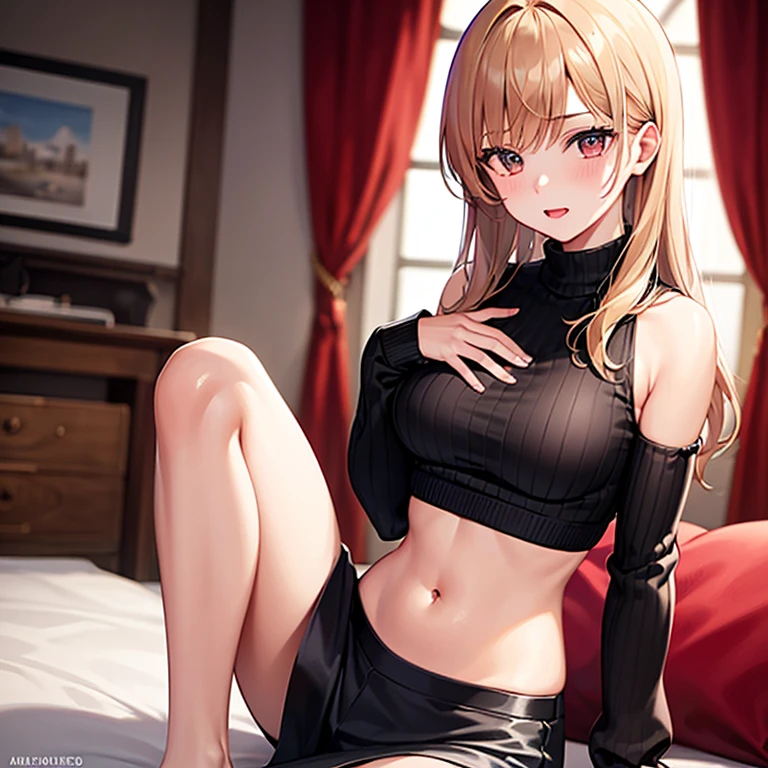 ((Best quality, 8K, Masterpiece :1.3)), Beautuful Women, 1woman, huge tit:1.3, ( slim toned body,very skinny:1.5), blonde hair, (sitting on luxury bed, crossedlegs, a red low rise mini skirt:1.3 ), Ultra-fine face, Detailed lips, A detailed eye,See-through pantyhose,cutout between underboob、covered erectile nipples,I can see the belly button,(((vulgarity))),