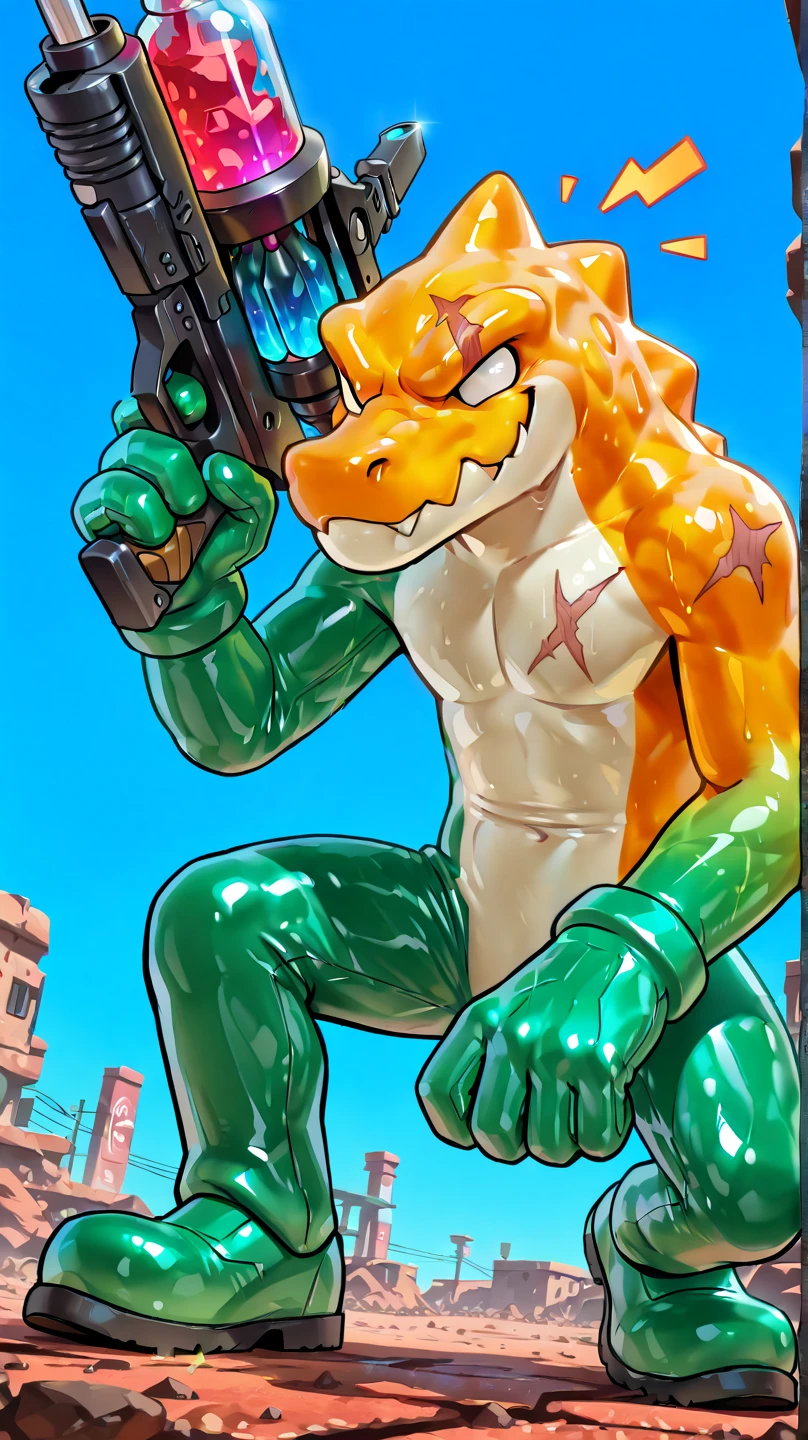 Day light, digital world, 4K, HDR, 3-D style, bright colors, low-angle shots, looking at viewers, close-up view,

BREAK, best quality, gummigoo, 4 fingers, max detail, full body, body scars, bite scar on the head, solo, (Better Eyes, detailed eyes, smile, smirk, showing teeth, fang), look serious, angry, eyes glared, (point gun at view). 