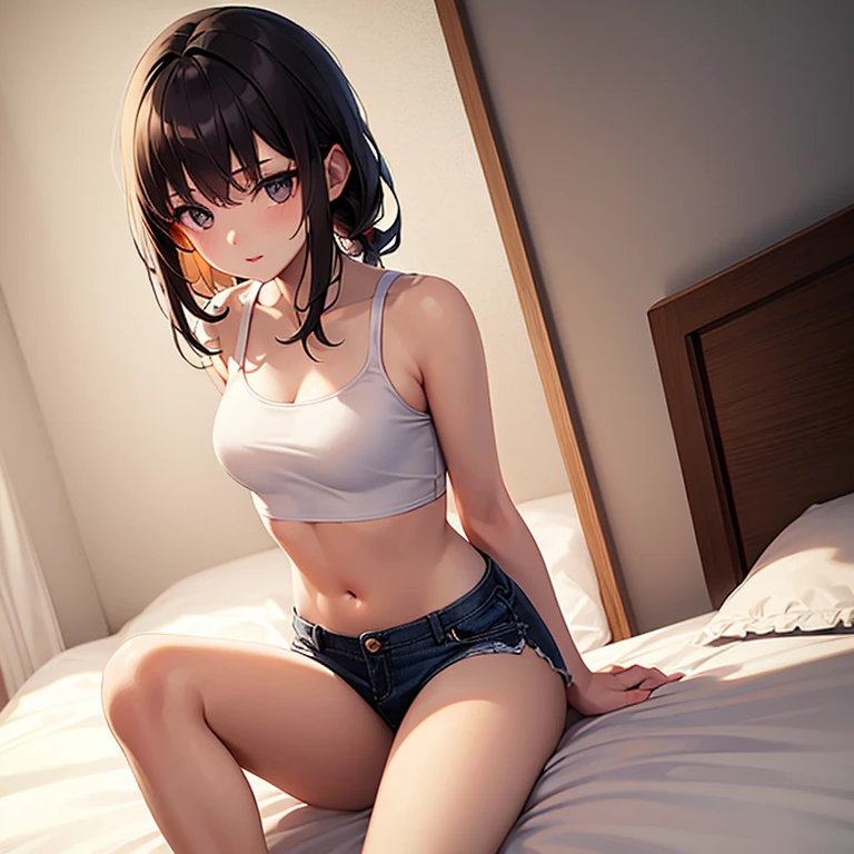 Mastepiece,masterpiece,highest quality,Super detailed,High resolution,8K Portrait,High definition CG of Unity 8k wallpaper,Cute,little:1.5,Loli:1.5,Highly detailed CG Unity 8k wallpaper,Realistic,Real person, Portrait Photography,Shiny skin,High definition、(16 years old:1.2),(1 girl),Beautiful clear eyes,extremely detailed description,Delicate face,Nice lips,Slim body,thin waist,Thin legs、(bed room:1.6),(blush:1.5),(Brown Hair Bob:1.3),(small breasts:1.2),((underwear:1.3),((M-shaped spread legs:1.3)),((knees up:1.5)),(spread legs:1.5))