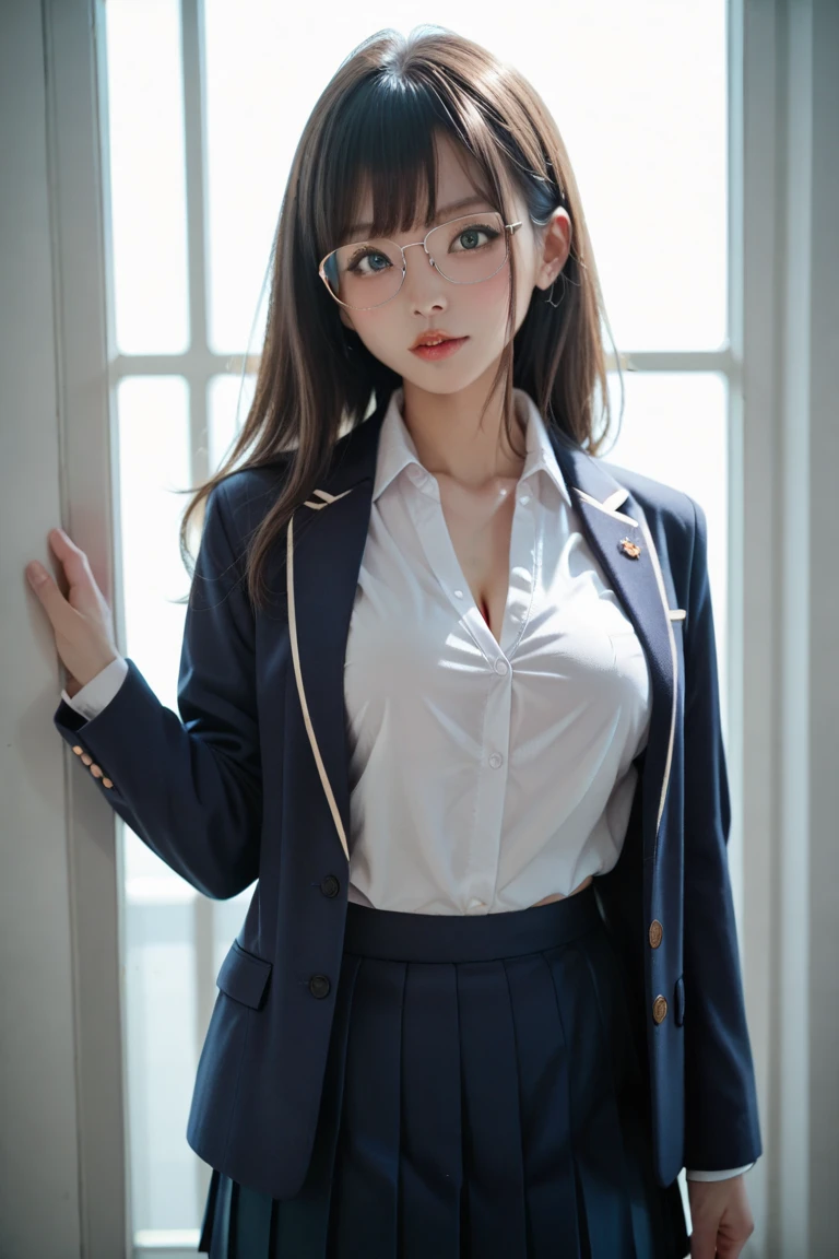 Highest quality,Ultra HD,8k,(Beautiful 25 year old Asian hit woman), (Wolf cut black hair), (White skin), (Serious face), Blue skirt suit 1.5, (((Three-piece suit))), (((Dress shirt))), (((tie))), blazer,(Thigh 1.2,Glamorous Body), (((blue suit jacket))), Black shiny lapel, (((Bodycon mini skirt))), Tight Skirt, tights, pantyhose, Cufflinks, (Night city background), View from the front, Well-groomed and beautiful face 1.2, Dynamic pose, Ambient Lighting, Photographic realism, Intricate facial details, Exquisite handcrafted details, Very detailed, Vibrant colors, Cinematic, High resolution, Trending Styles Raw on Artstation, , Excited,