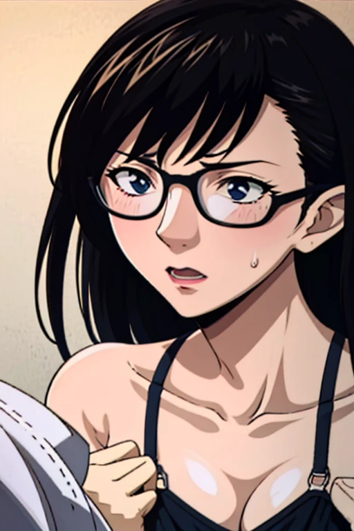 best quality, masterpiece, highly detailed,1girl, Boa Hancock, (masterpiece:1.5), Detailed Photo, Smiling, Sexy, (8K, Photorealistic, Best Quality: 1.4), (1girl), Beautiful Face, (anime realistic Face), (Black Hair, long Hair: 1.3), Beautiful Hairstyle, Realistic eyes, beautiful detail eyes, (realistic skin), beautiful skin, (sweater), absurd, attractive, ultra high resolution, ultra realistic, high definition, golden ratio, (sexually aroused:1.5), wear a white office suit, wear glasses, 