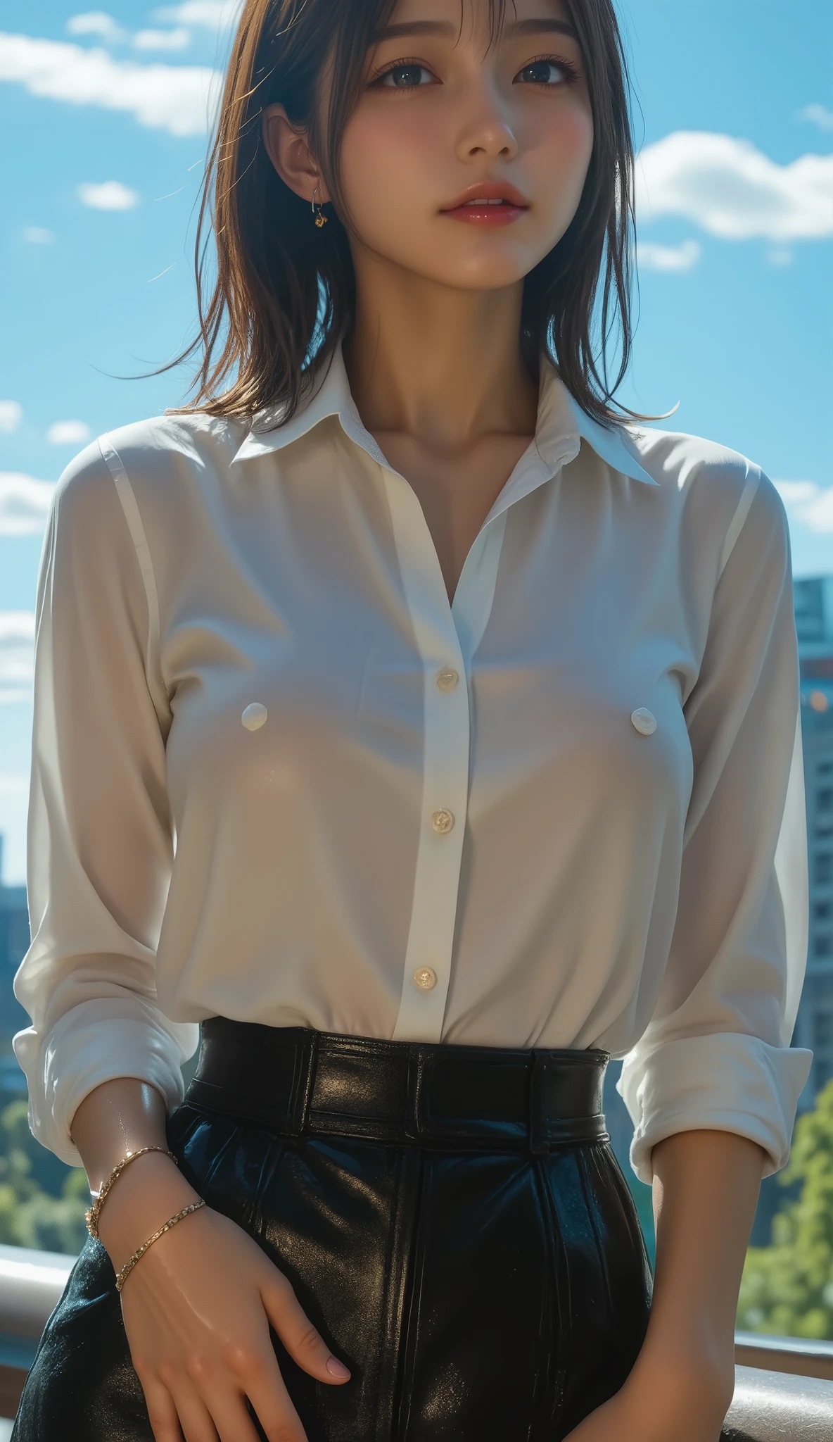 (8k, Best Quality, Masterpiece: 1.2), (Realistic, Photorealistic: 1.37), Super detailed, 1 girl, Cute, Solo, Beautifully detailed sky, Detailed cafe, Night, Sitting, Dating, ( Nose blush), (smile: 1.15), (closed mouth) small breasts, fine and beautiful eyes, (collared shirt: 1.1), night, wet, office clothes, rain, white lace, (short hair: 1.2), floating Hair NovaFrogStyle,
